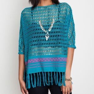 Women's Umgee USA  Lace Embroidered 3/4 Sleeve Fringe Oversized Top Size L